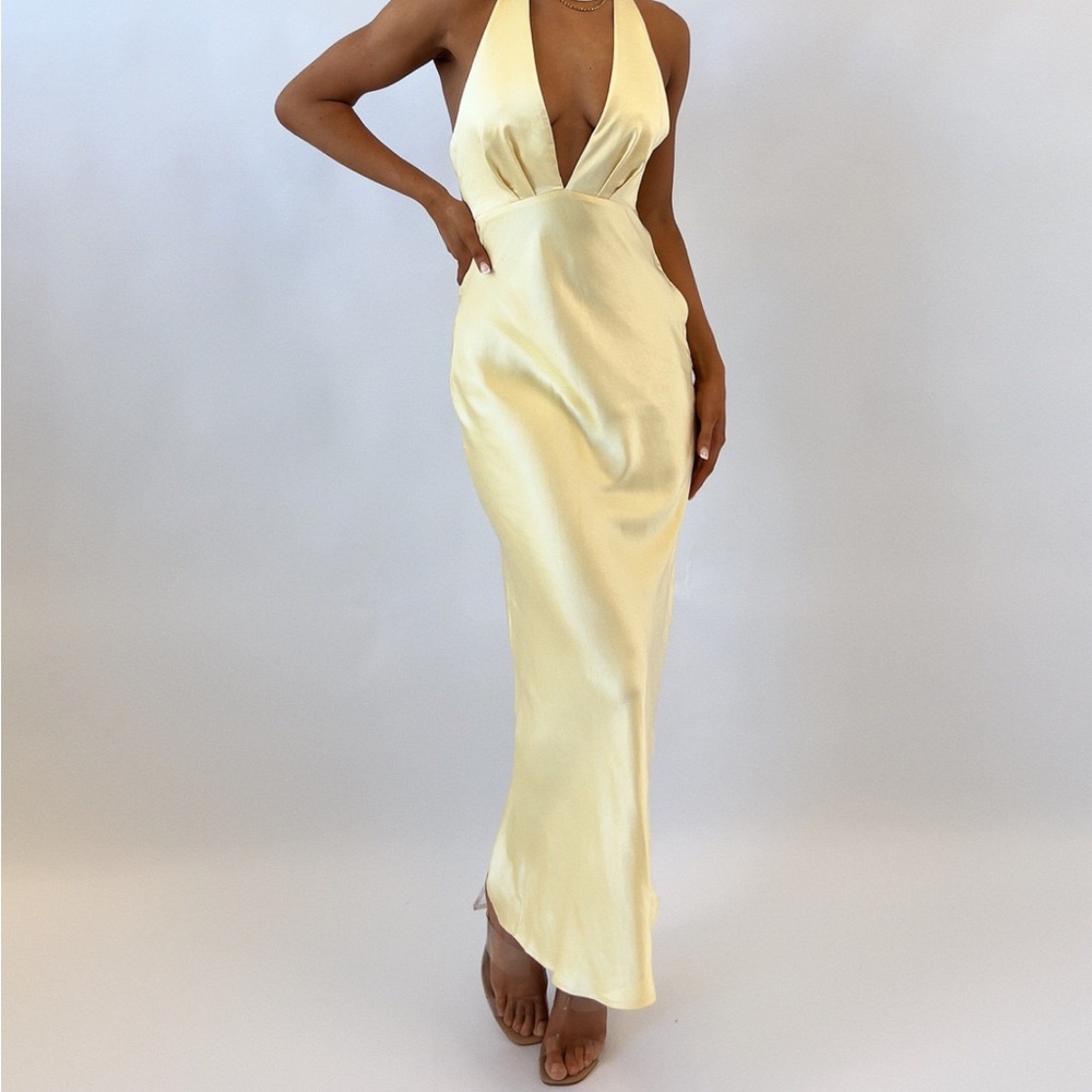 Showpo Light Yellow Backless Satin Maxi Dress
